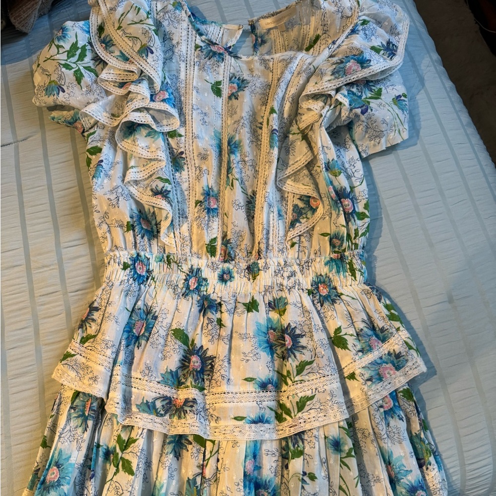 LoveShackFancy Blue and Green Floral Lace Dress